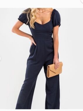 Francesca's Collections Navy Puff-Sleeve Wide-Leg Jumpsuit